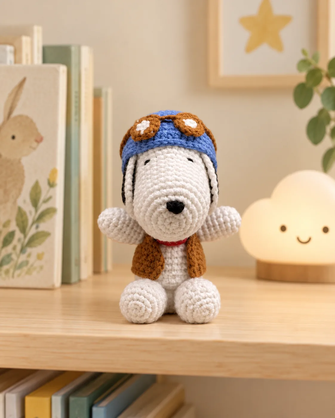 Crochet dog toy wearing an aviator cap