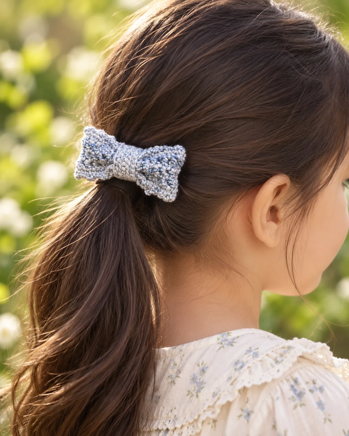 Blue crochet bow hair clip worn in the hair
