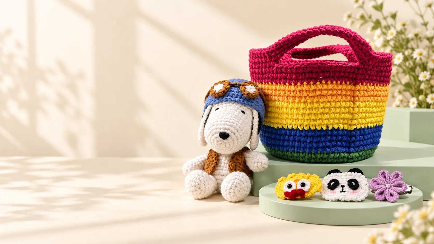 Handmade crochet hair accessories and toys in a warm lifestyle setting