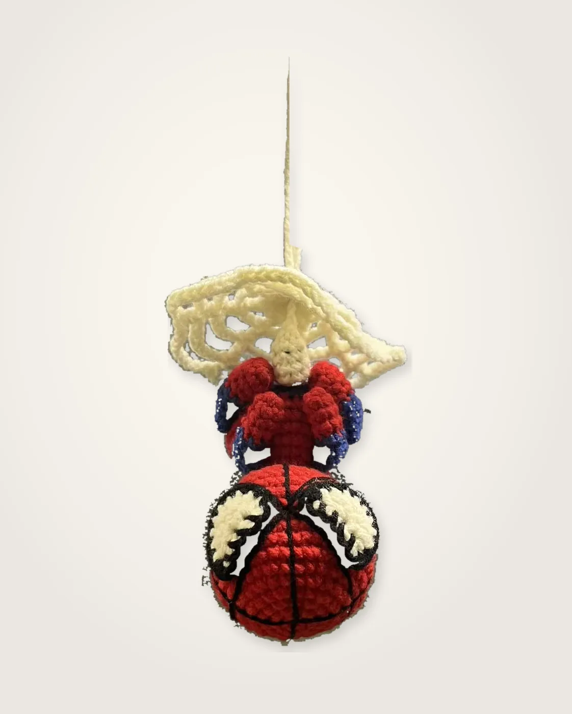 Red and blue web-slinger crochet basketball car charm